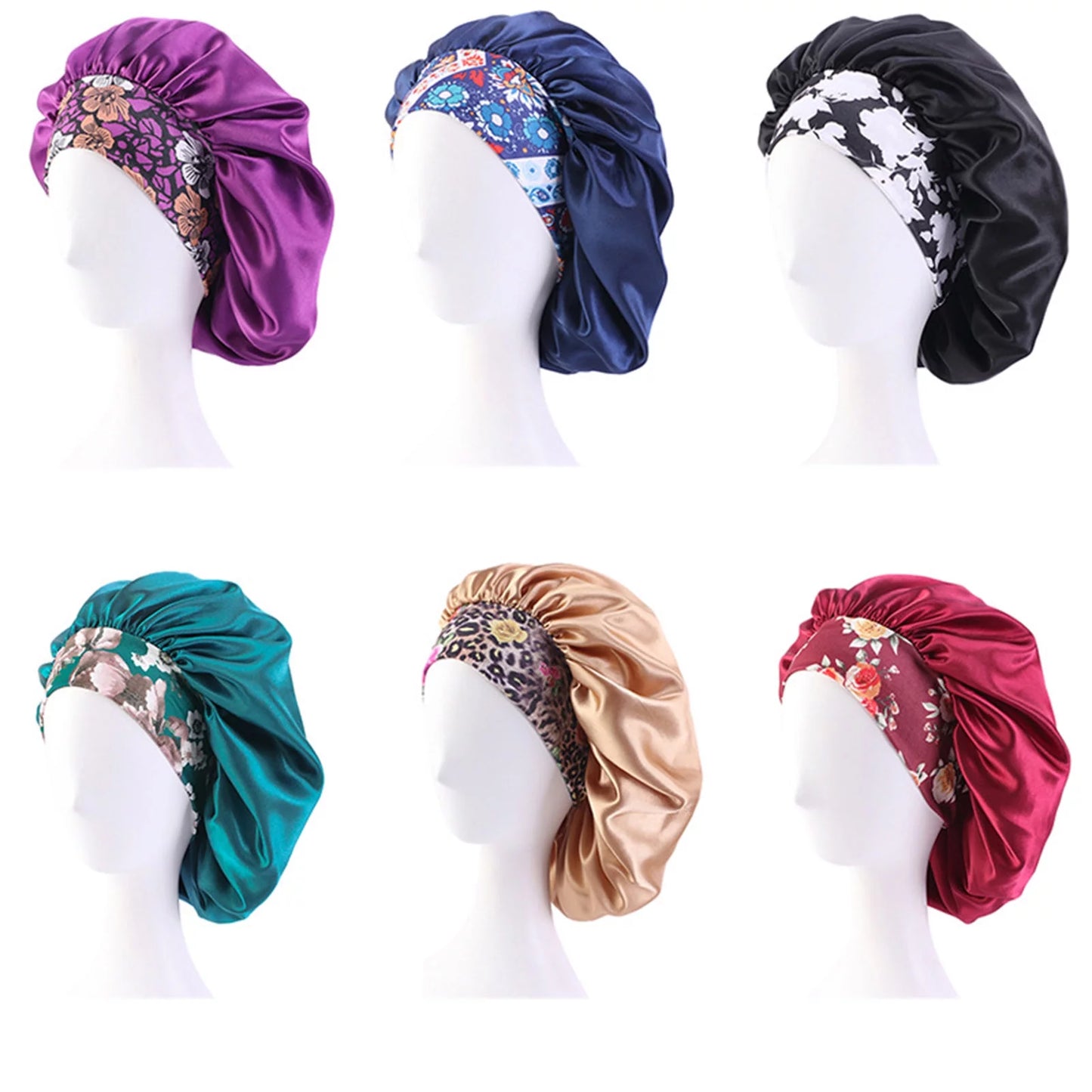 Satin Hair Bonnet 3 Pcs Elastic Wide Band Sleeping Soft Print Caps for Women Multicolor for Long Curly Natural Hair Big Capacity(Blue)