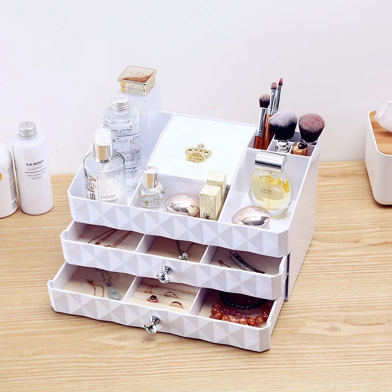 "Sparkle and Organize: Luxurious Multi-Layer Cosmetic Drawer Storage Box for Jewelry, Skin Care, and More!"