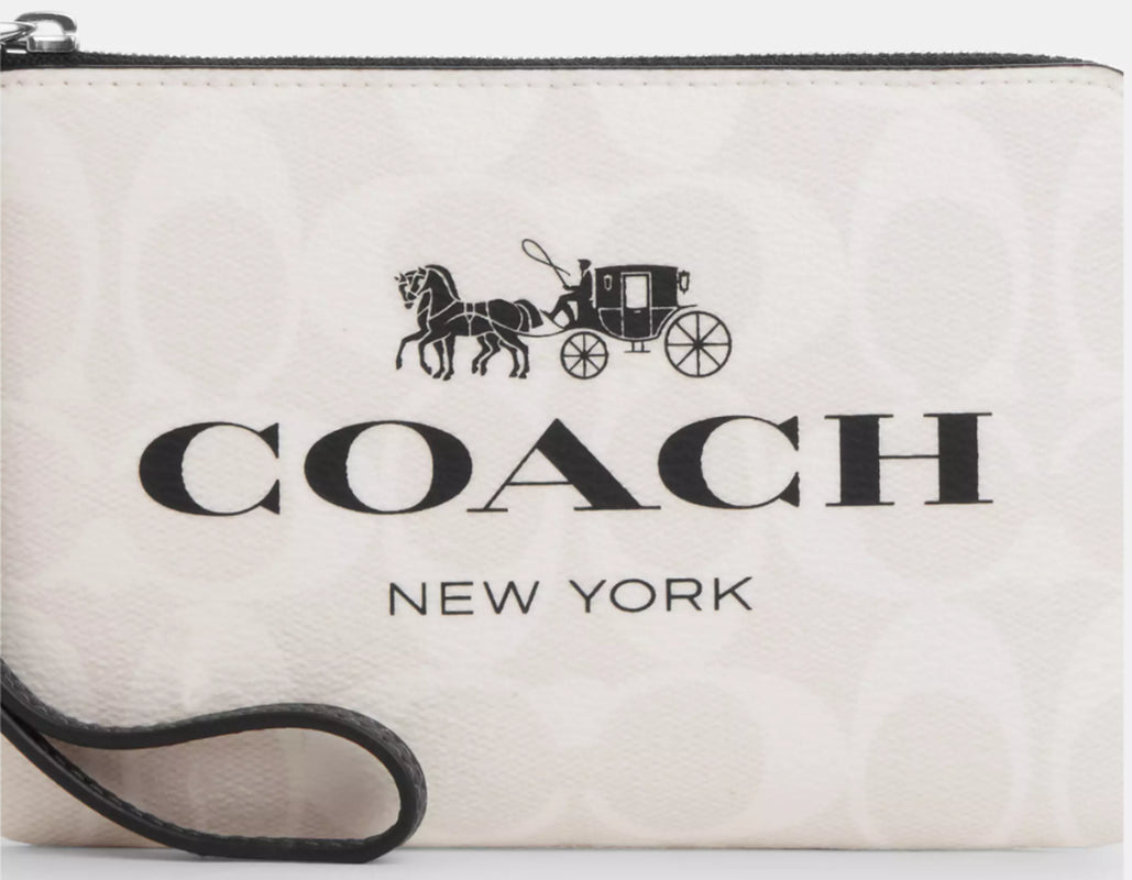 💕Coach Corner Zip Wristlet - Horse & Carriage Chalk Signature Canvas -CP437 NWT