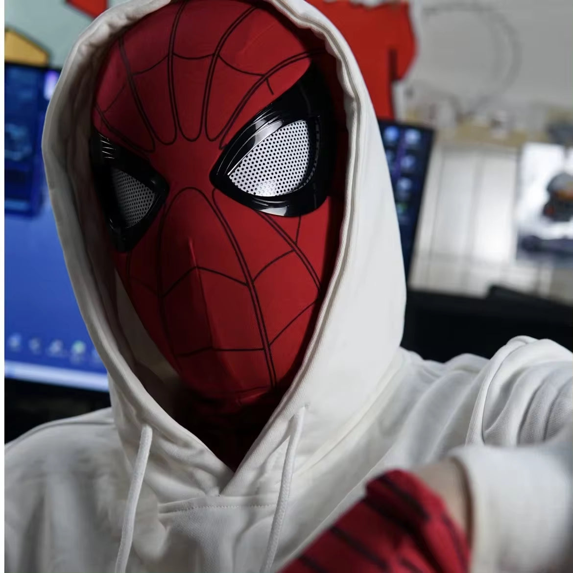 Spiderman Mask Eyes Movable Remote Control Spiderman Mask Peter Parker Halloween Cosplay Costume Mask Spandex Fabric Material